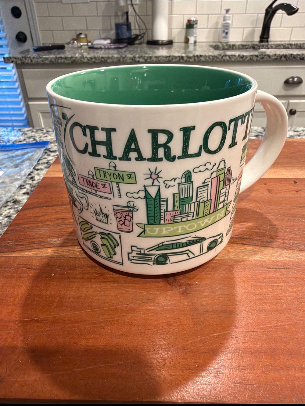 Starbucks Charlotte Ceramic Mug — Green Interior and Green Accent Art